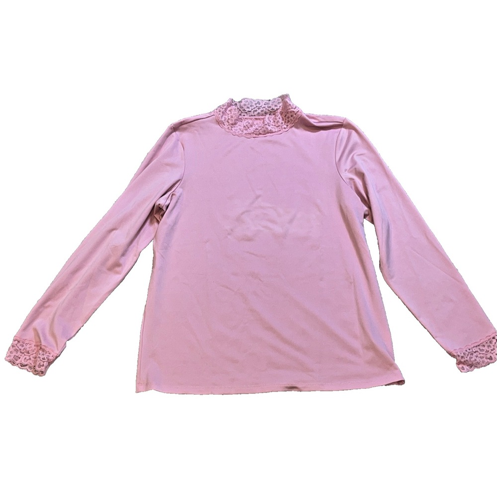 Vintage Susan Graver Pink Lace Mock Neck Stretch Top Sz Medium Long Sleeve Shirt